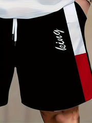 Men's Plus Size (Large) 2-Piece Short-Sleeve & Shorts Set, Red & Black Print, 100% Polyester Slight Stretch, Summer Casual