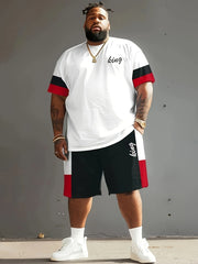 Men's Plus Size (Large) 2-Piece Short-Sleeve & Shorts Set, Red & Black Print, 100% Polyester Slight Stretch, Summer Casual