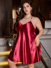 Plus Size Women's Elegant Satin Slip Nightgown | V-Neck Backless Camisole in Burgundy | Luxurious Silk-Like Full Figure Sleepwear