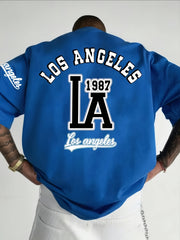 Men's Plus Size 3D Print T-Shirt, 'LOS ANGELES 1987' Back Logo, Short-Sleeve, 100% Polyester Slight Stretch, Quick-Dry, Summer Casual