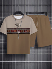 Men's Vintage Casual Set (Top & Bottom) with Crew Neck and Pattern Print