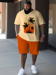 Men's Plus Size Summer Vacation Set: Beige Palm Tree T-Shirt & Vibrant Orange Shorts, Spandex-Blend Polyester, Casual Comfort