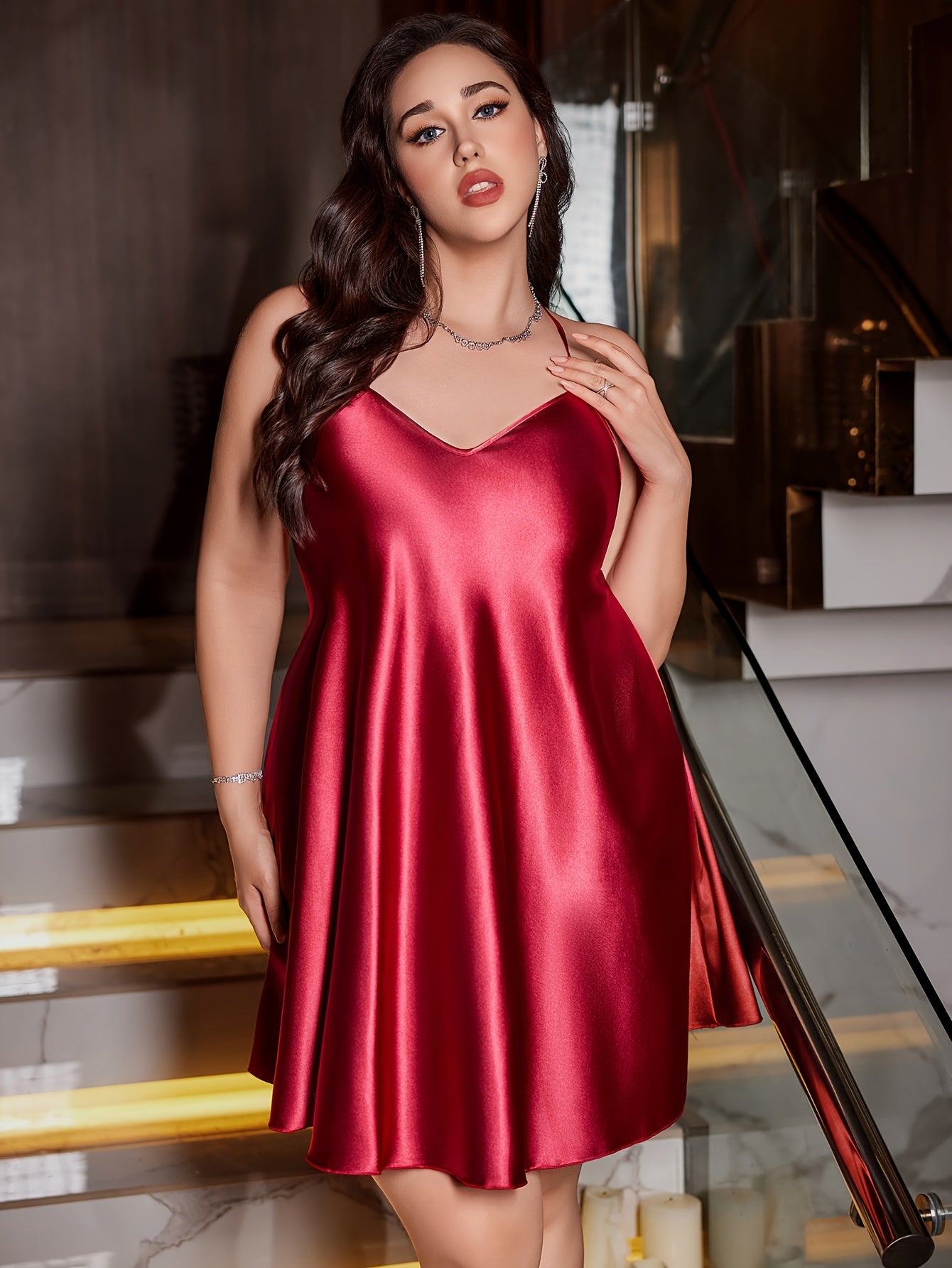 Plus Size Women's Elegant Satin Slip Nightgown | V-Neck Backless Camisole in Burgundy | Luxurious Silk-Like Full Figure Sleepwear