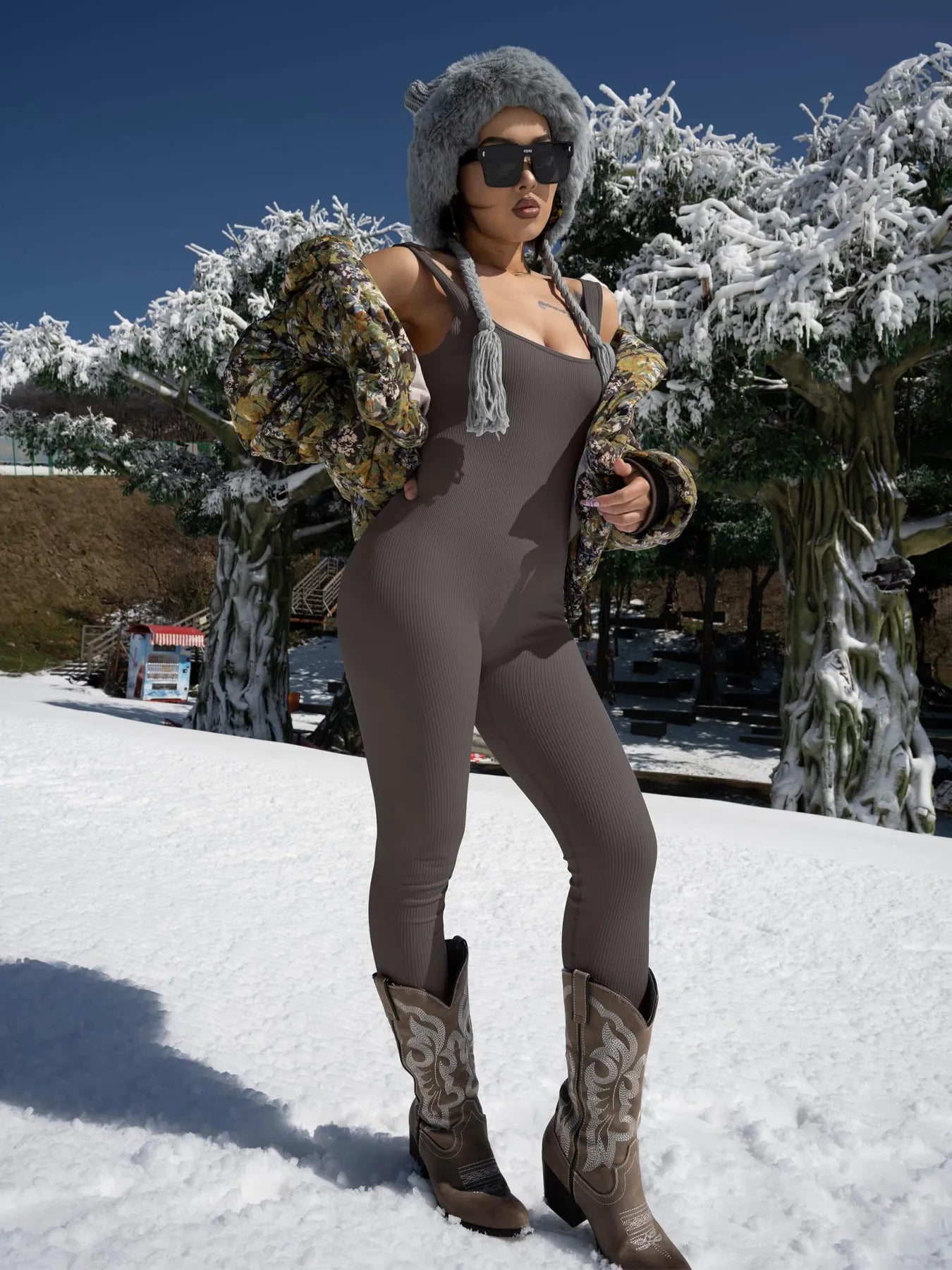 Women Workout Seamless Jumpsuit Yoga Ribbed Bodycon One Piece Square Neck Leggings Romper