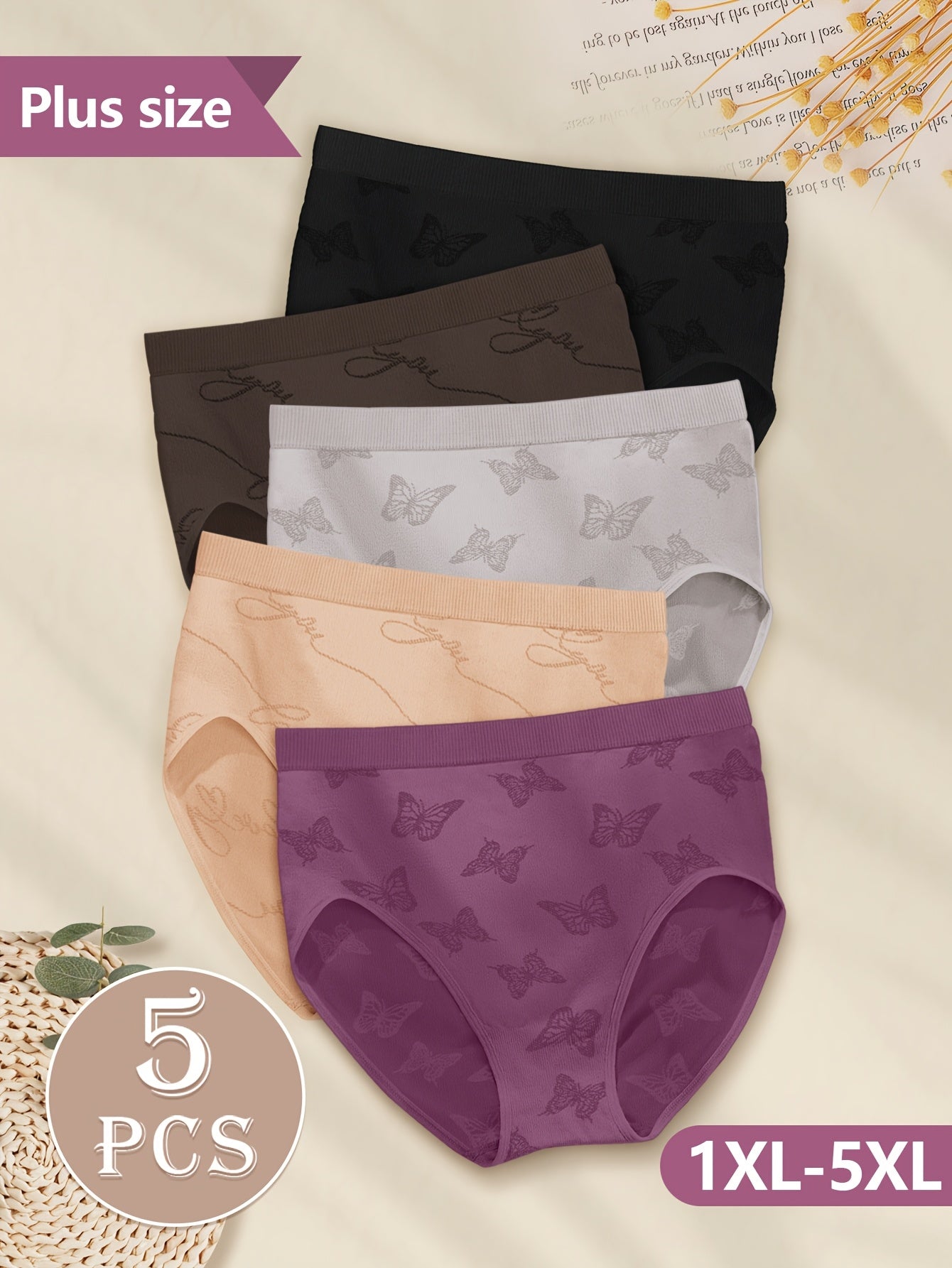 [Elegant Butterfly Panties] MIOTAN 5-Pack Women's Butterfly Print Panties | Elegant Style, Soft Nylon & Elastane Blend, Medium Stretch Knit Fabric, Solid Color Lingerie Set