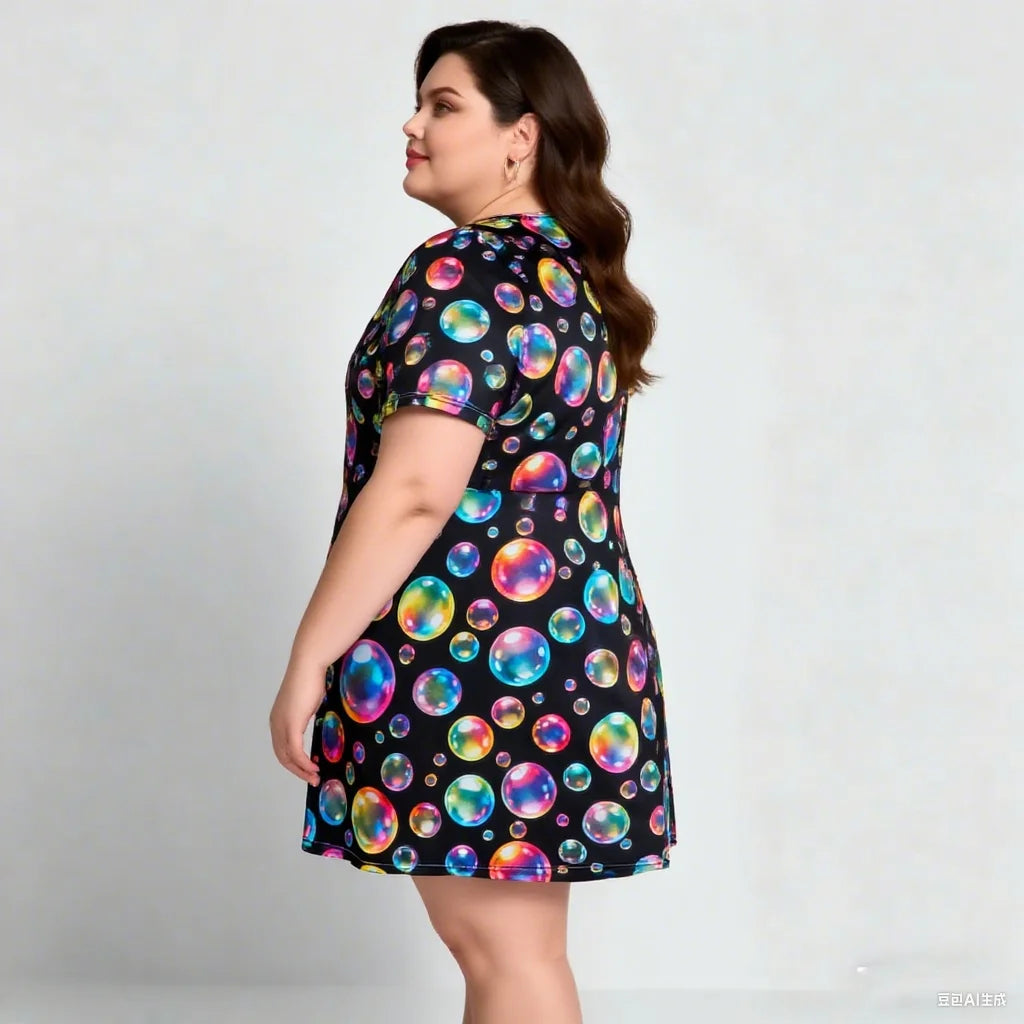 2025 Women's Plus Size Summer Dress | Colorful Bubble Print | Short & Breathable
