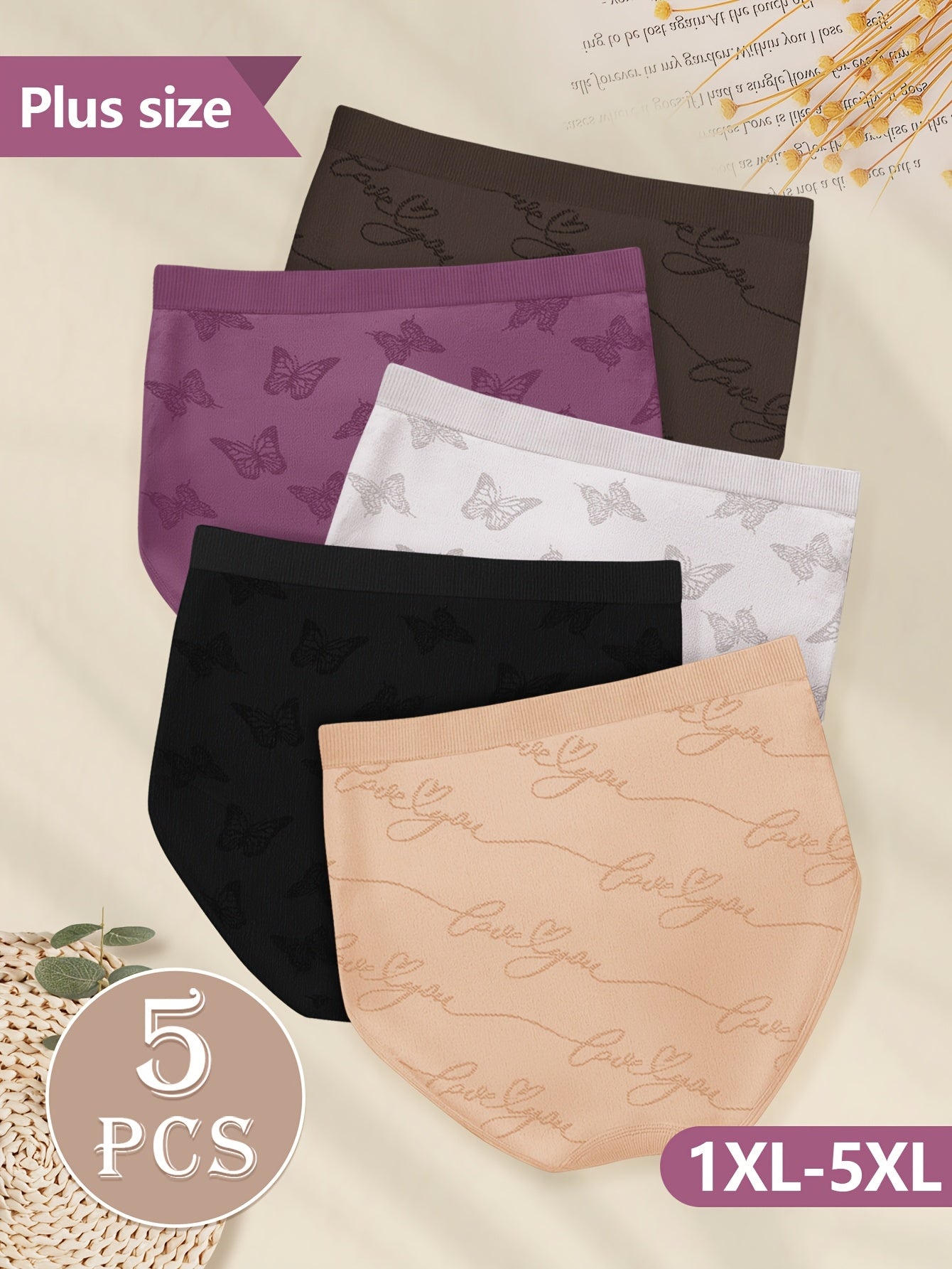 [Elegant Butterfly Panties] MIOTAN 5-Pack Women's Butterfly Print Panties | Elegant Style, Soft Nylon & Elastane Blend, Medium Stretch Knit Fabric, Solid Color Lingerie Set