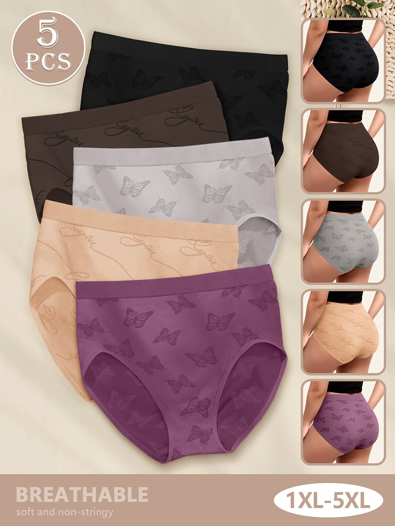 [Elegant Butterfly Panties] MIOTAN 5-Pack Women's Butterfly Print Panties | Elegant Style, Soft Nylon & Elastane Blend, Medium Stretch Knit Fabric, Solid Color Lingerie Set